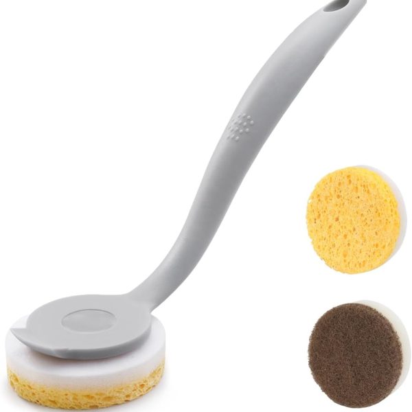 Handled Dishwashing Sponge Brush — Includes 2 round wood pulp sponges and 1 heavy-duty scrubbing pad insert — Non-scratch, multi-purpose design suitable for cleaning pots, sinks, and more (3-Piece Set)