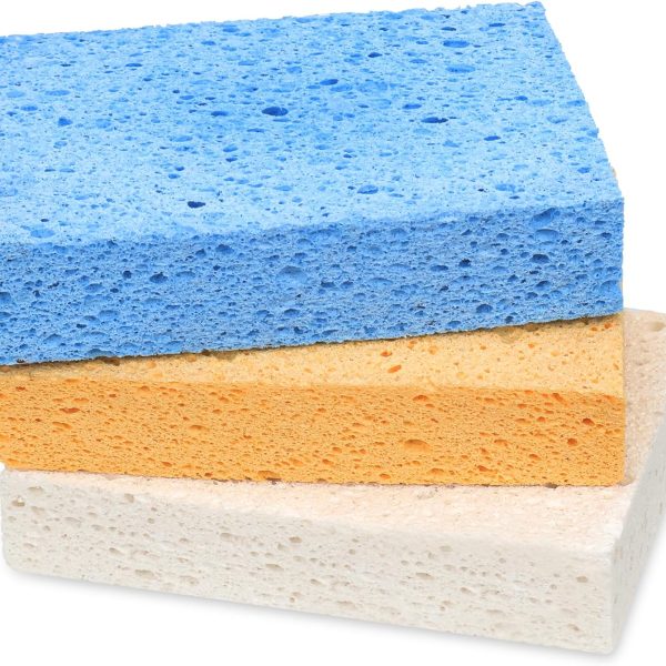 Extra-Large Kitchen Dishwashing Sponges — Natural Cellulose Material; Reusable and Biodegradable; Non-Scratch Design; Suitable for Dishes and Daily Household Cleaning (3-Pack)
