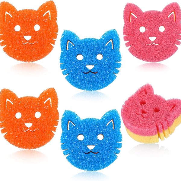 Cat-Shaped Dual-Sided Cleaning Sponges (Pack of 6) — Adorable design featuring color-changing temperature sensitivity — Ideal for washing dishes and general kitchen cleaning — Non-scratch, multi-purpose household kitchen scrubbing sponges (Available in 3 colors)