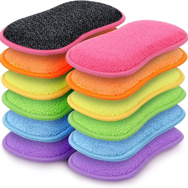 12-Pack Multi-functional Kitchen Scrub Sponges — Dedicated for Dishwashing; Non-Scratch Microfiber Material; Efficiently Cleans Dishes, Pots, and Frying Pans (Multiple Colors Available)