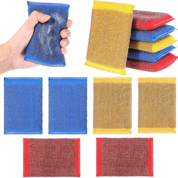 6-Pack Steel Wool Cleaning Sponges — Heavy-Duty Stainless Steel Scrub Pads — Reusable & Non-Scratch — Protects Hands; Designed for Cleaning Pots & Removing Stubborn Grease (3 Colors Available)