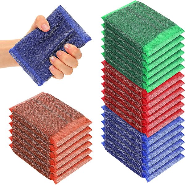 24-Pack Steel Wire Scrub Sponges — Non-Scratch Metal Scrubbing Balls — Heavy-Duty Kitchen Metal Cleaners/Scrub Pads for Pots & Pans (Available in Red, Blue, Green, Yellow)