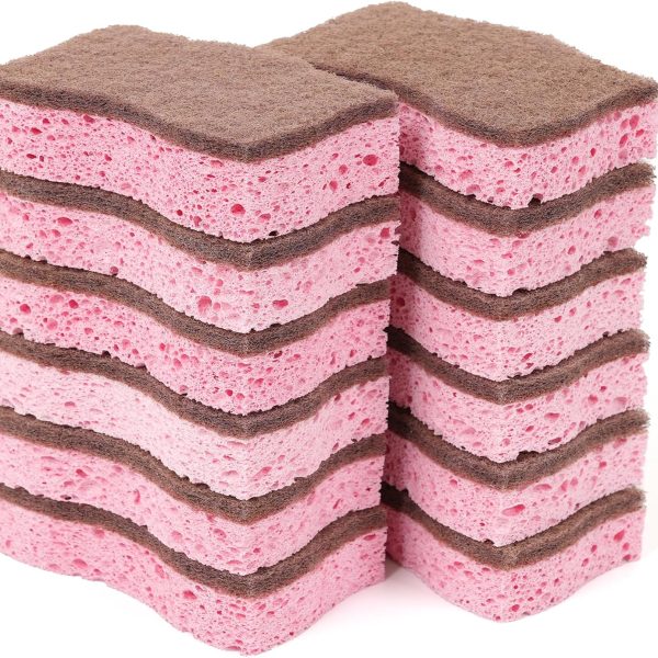 Kitchen Cleaning Sponges (12-Pack) — Dual-Sided Cellulose Scrub Sponges — Non-Scratch Surface — Ideal for Dishes, Pots, and Pans — Durable, Highly Absorbent, and Reusable (Brown/Pink)