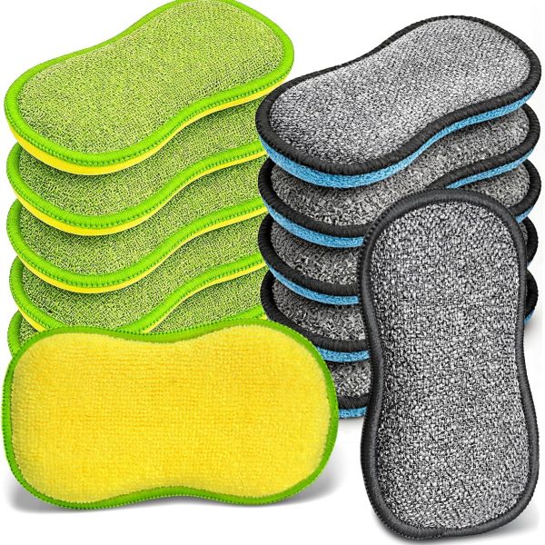 Kitchen Dishwashing Sponges — 12-Pack Multi-functional Microfiber Scrub Sponges; Double-Sided Design; Powerful and Non-Scratch; Reusable; Suitable for Cleaning Dishes, Pots, Frying Pans, Stovetops, and Sinks